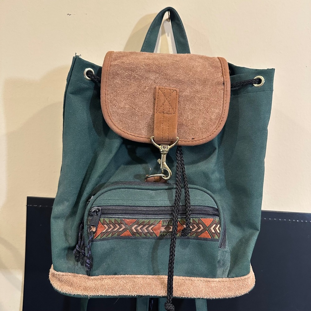 Vintage Green Canvas Suede Backpack Southwestern Sling Bag Forest Green Small